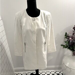 NWT. CHICO’S optic white modern city chic mid jacket. Silver buttons & snaps.